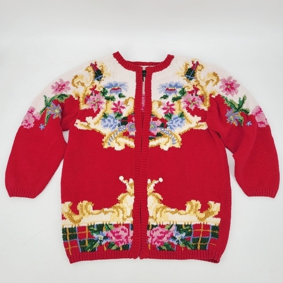 Vintage Hand Knit Cardigan Sweater Cottagecore Floral Granny Red Small Cullinane - Picture 1 of 8